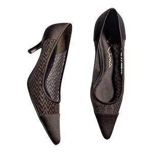 Vtg Y2K Nina Brown Pointed Satin Cap Toe Glitter Chevron Mesh Stiletto Pumps 8.5